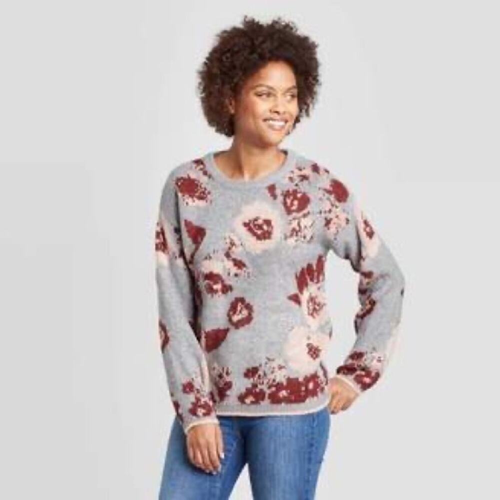Knox Rose Gray Floral Crewneck Sweater Medium Casual Cottagecore Coquette